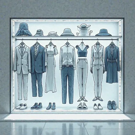 I want a picture of an electronic drawing wall that contains shelves, formal clothes, jeans, pants, hats and shoes. The drawing will be an electronic drawing 