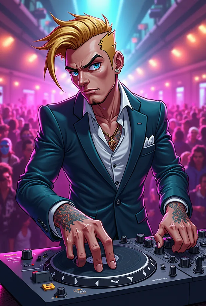 a gangster cartoon man with blond hair and blue eyes being a dj 