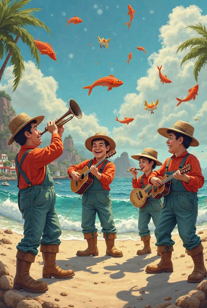 Pixar poster effect Characteristic musical band with wind and percussion instruments dressed as fishermen and fishermen carrying papier-mâché fish dancing