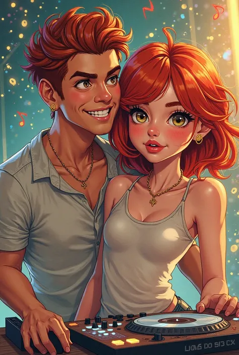 book cover with a young red-haired girl and a cute guy DJ in the style of hate love love title "Dance for me: The message "