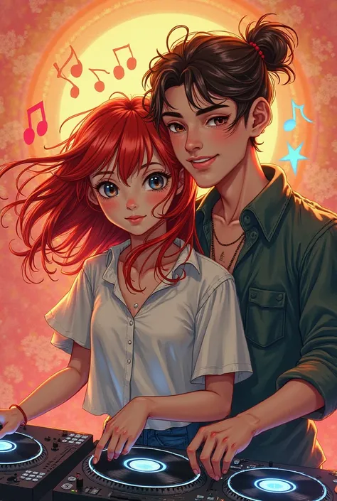 book cover with a young red-haired girl and a cute guy DJ in the style of hate love love title "Dance for me: The message "