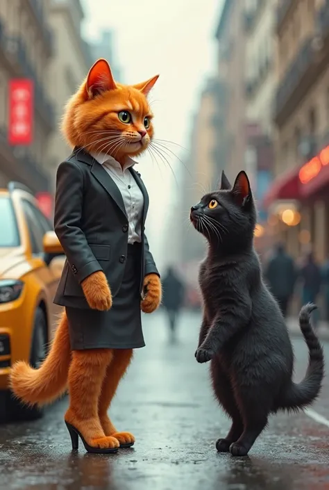 An adult orange cat with orange hair wearing women's clothes suitable for work meets a short adult black human cat on a street called by her car