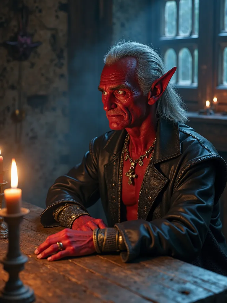 (photorealism:1.2) Red skin tiefling,  gray-haired ,  In expensive clothes , dealer, sitting at a wooden table in a medieval room,by candlelight, dim light, blue haze above the ceiling, Realistic skin texture , neck jewelry ,  hands .  depth of field, High...