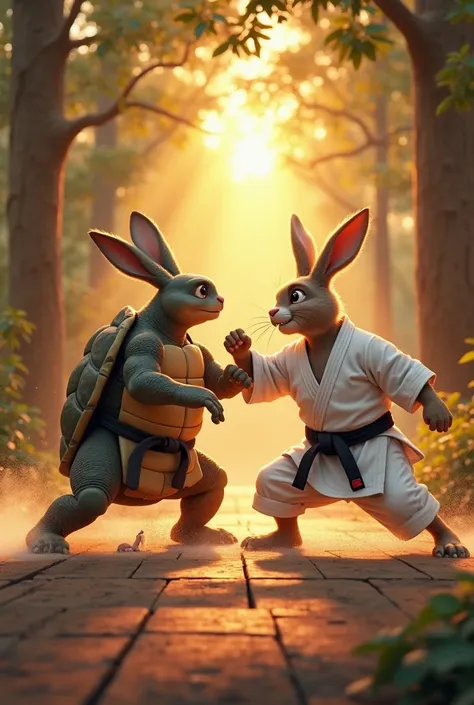 A Disney/Pixar-style illustration of a fierce jiu-jitsu duel between a rabbit and a turtle, both wearing white gis with worn black belts, the tips of their belts featuring the traditional red marking. The rabbit has a look of confidence, while the turtle's...