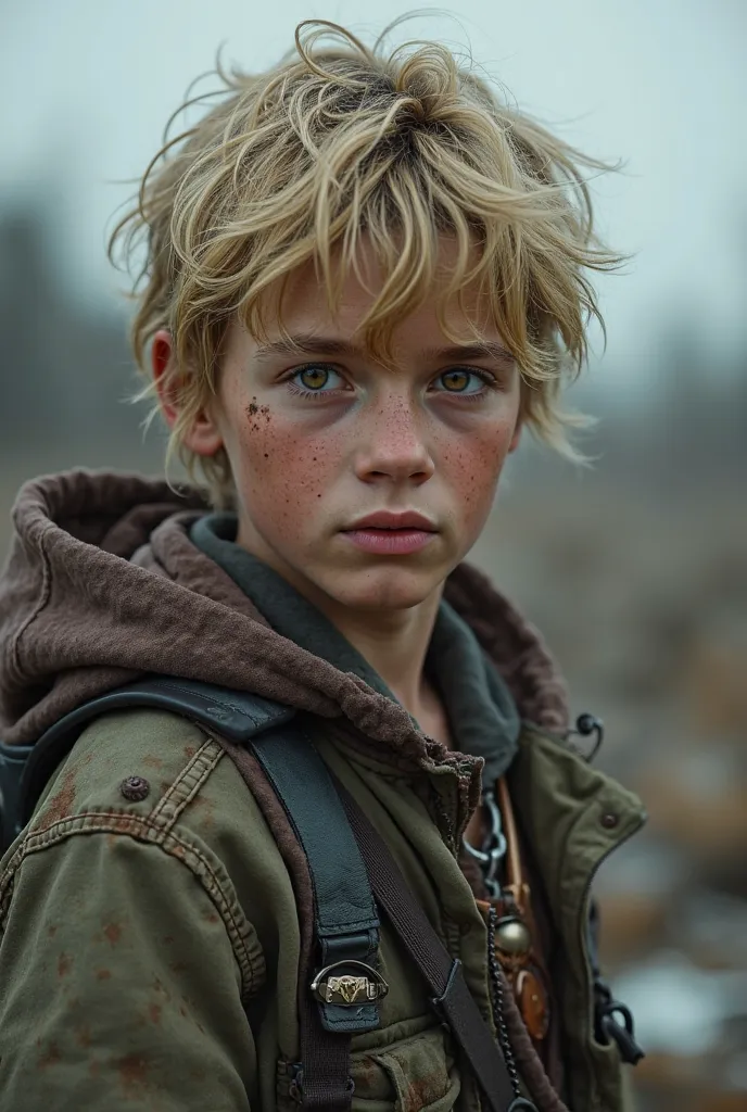 design ( realistic style), Apocalypse survivor boy, blonde hair and brown eyes 8k