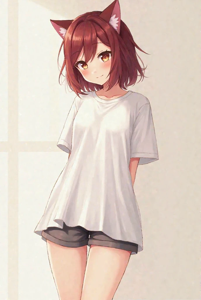 "Hair color — slightly dark red, with cat ears added. Eyes — brown or with a slight golden tint. Emotion — light smile. Clothing — spacious white T-shirt, which falls below the belt, completely covering mini-shorts. Posture — slight tilt forward, arms behi...