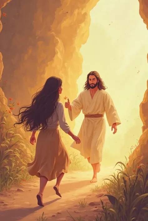 Generate an image of a woman with her back running to Jesus Christ, Who is with a compassionate expression, humble and welcoming, He has a light around him. Create the cartoon-like but realistic image 