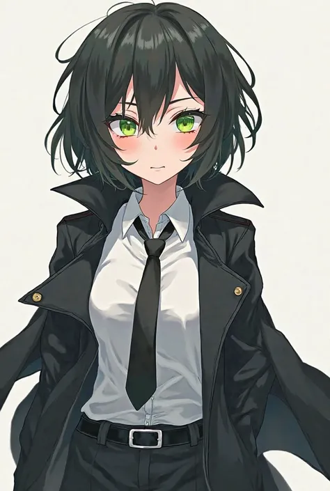 An anime-style girl with medium-short and disheveled black hair,  with green eyes, A mocking face , and with a white shirt with a tie and a black trench coat as a cape 