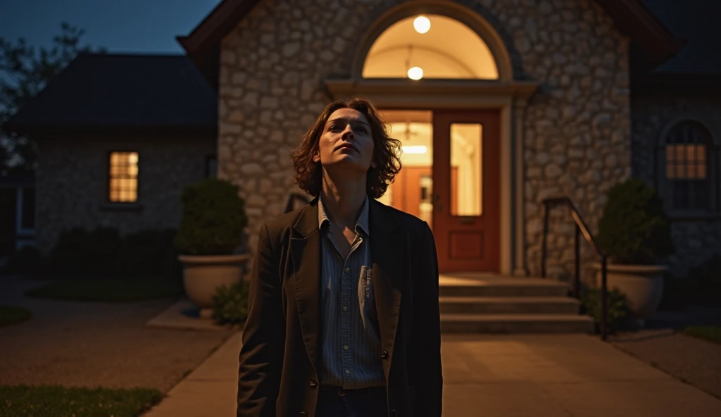 A person leaving a church at night, with a countenance of relief and peace . The church door illuminated in the background contrasts with the darkness of the street, symbolizing an encounter with God before returning home.