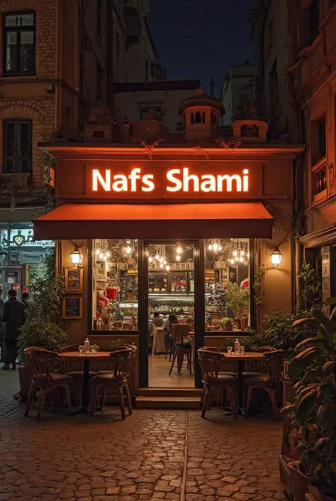 Make a picture of a restaurant called Nafs Shami. The picture has a Ramadan atmosphere and the name of the restaurant is written in a very understandable Arabic script and there are no people in the picture