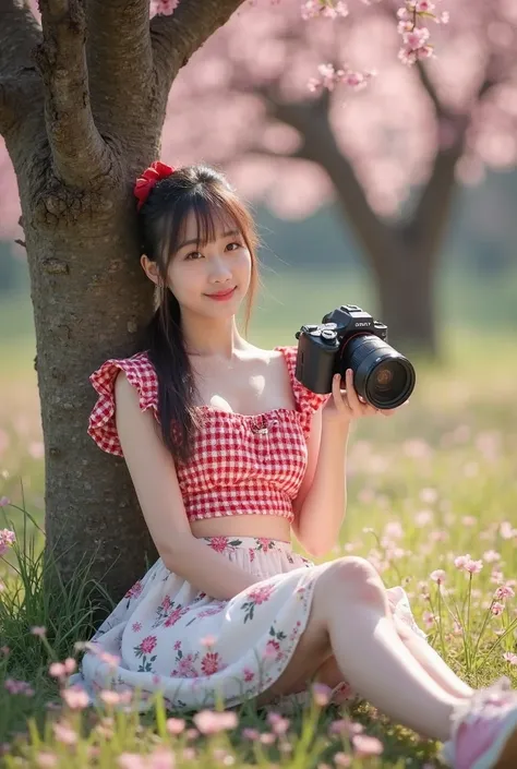 Beautiful Asian woman, 18 years.
Open chest, no buttoned shirt, Very large chest, size 45 inches,

A young woman with dark hair, accented with subtle pink highlights, sits under a tree in a field sprinkled with delicate pink petals. She wears a red and whi...