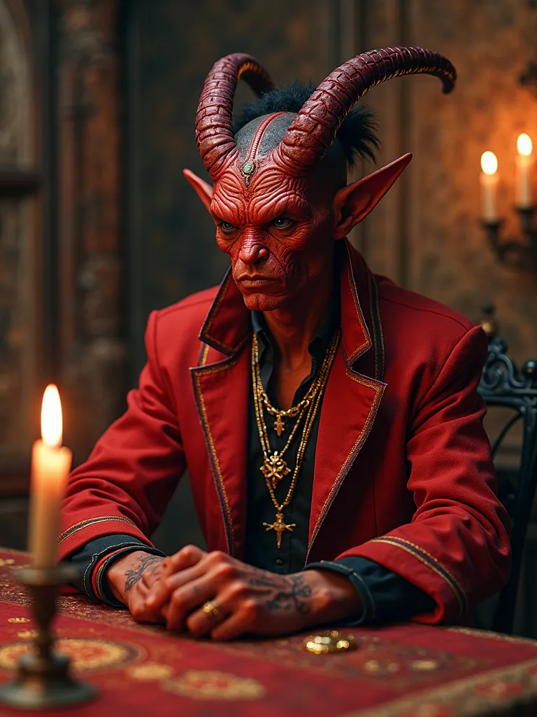 ((The middle shot of a photo of a futuristic tifling merchant with red skin in luxurious expensive clothes and matching attire)),  richly decorated with jewelry, aura of magic in detailed hair, race:  tiefling, ( thin tattoos ), ((dark faint ambient light)...