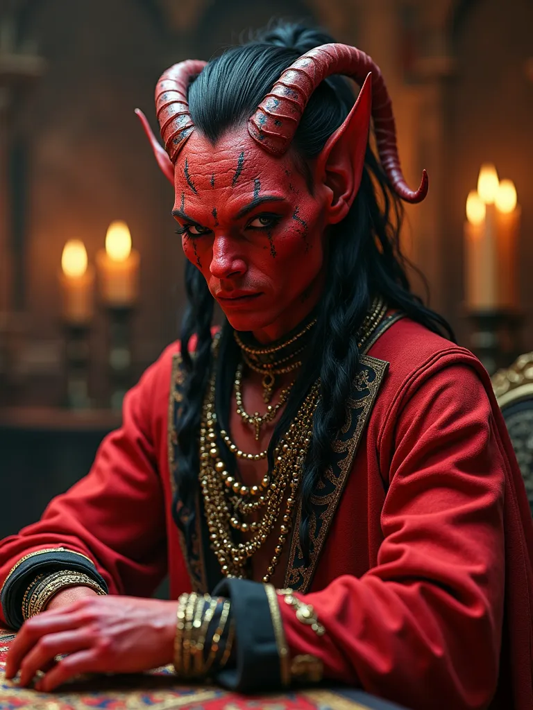 ((The middle shot of a photo of a futuristic tifling merchant with red skin in luxurious expensive clothes and matching attire)),  richly decorated with jewelry, aura of magic in detailed hair, race:  tiefling, ( thin tattoos ), ((dark faint ambient light)...