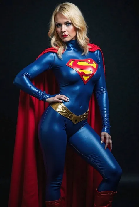 This appears to be a creative cosplay of Supergirl or a female Superman character. The costume features the iconic Superman logo and color scheme - a blue bodysuit with red cape. The costume shows impressive attention to detail, including blue body paint m...