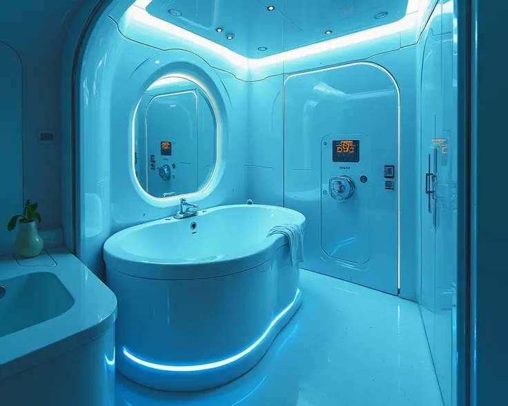 Small spaceship interiors. bath. 
bath tub. Room with blue lights