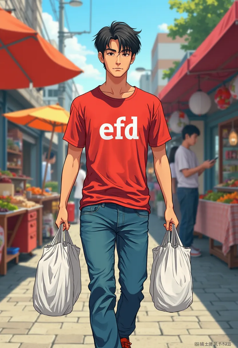 manga cartoon art
a 20 year old Japanese man wears a red tshirt with text "EFD"  wears blue jeans , hand carrying plastic shopping bags, morning atmosphere at the market