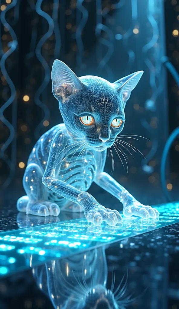 Transparent-skull cat revealing glowing neural networks, manipulating a floating soundboard made of liquid light. Data center background with fiber-optic cables forming Celtic knots. Cybernetic impressionism,32k textures.