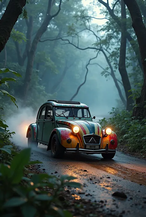 citroen 2CV with body kit racing on a juncle at night with fog 