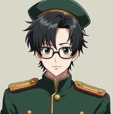 short black Fluffy Middle Swept Hair style hair, black eyes, white skin color, dark green russian general suit, green russian cap, nerd glasses, cute anime men, masculine traces, nerdy style, adult style.