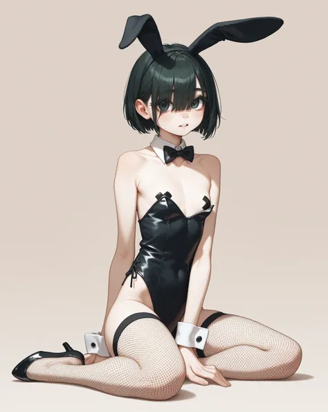 (furry rabbit face:0.9), girl , skinny, bob cut , beautiful hair over the eyes , Long eyelashes , Overbite , baggy black bunny suit , Oversized, (There is a gap in the chest) , petit tape on nipple
, Fishnet stockings
, pop design