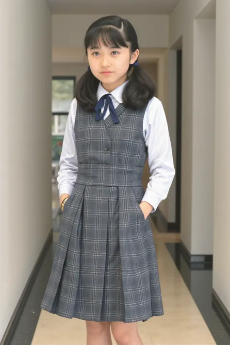 white collared shirt, dark blue plaid pleated skirt, dark blue plaid bow tie,  dark blue socks、black loafers、A beautiful Japanese high school girl、 Standing in a Hotel Hallway, (braided twin tails),  