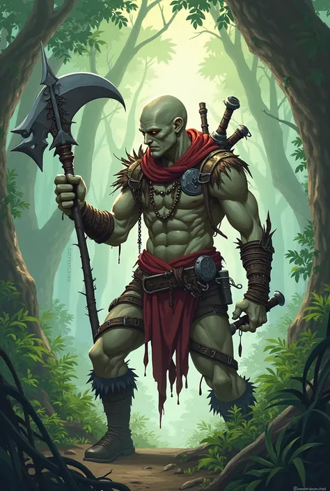 forest slayer, With torn clothes and weapons, DO MAL not very strong and hairless in a character from Stumble Guys 