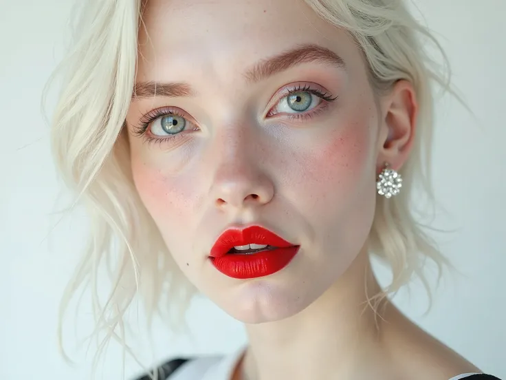 A hyper-realistic close-up portrait of an 18-year-old normative albino woman, with bold lipstick and fashionable earrings, in the style of Zara Catalogues