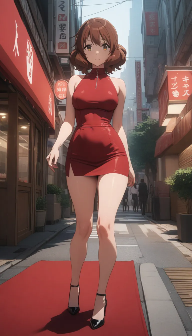 masterpiece, best quality, ultra detailed, highres,4k, 1girl, solo, oumaekumiko, brown hair, brown eyes, short hair, city street, standing, minidress, heels, red carpet