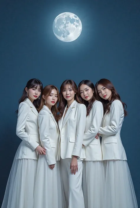 Create a cover for a KPOP album. They must be 5 members. The concept is elegant. The main colors are dark blue and white. You have to see references to the moon. A member must have short hair, others with bangs and long wavy hair. They must be 5 members. S...