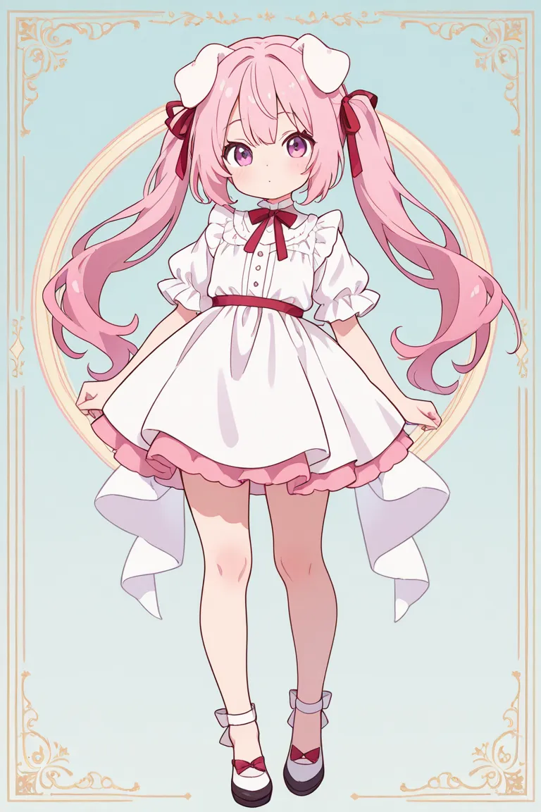 twin tails　縦巻きドリルtwin tailsの髪　droopy white ears dog ears 　Only one　 standing picture、Symmetrical　Droopy ears犬耳　  full body lesbian、​masterpiece、TOP QUALITY、length、Best Picture Quality、 cute little 、Pink Hair、 head ribbon、Ribbon clothing、frilld、Year、pi　Symm...