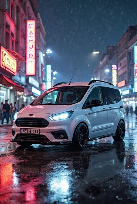 2022 FORD COURIER MODIFIED EMINONU SQUARE NEON LIGHTS FLAT CAR WHITE LED HEADLIGHTS BLACK RIMS NIGHT RAINY WEATHER 