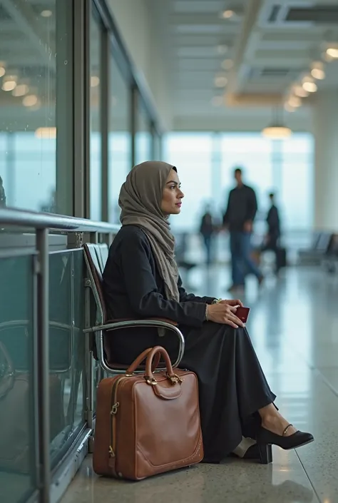 42 years old woman wearing hijab waiting for her 50 year husband in airport with her suitcase and polene bag . Look totally lonely and elegant. She sit in the corner holding her passport and looking around 