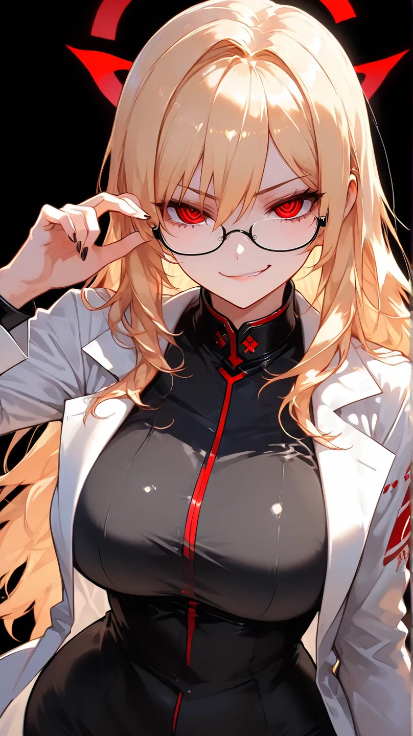 an evil female scientist with glasses and long blond hair wearing a white lab coat over a black and red military uniform with a evil smirk expression, black background, high detail, high quality, best quality, masterpiece, 8k