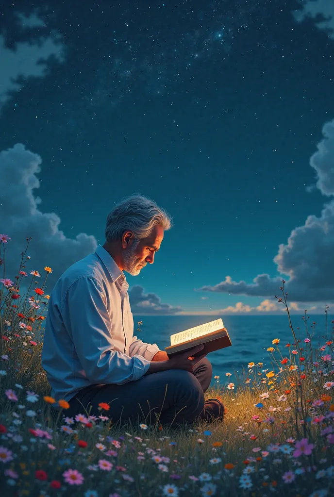 Generate an image for me of a lonely man reading a book in a flower field with a starry night sky 