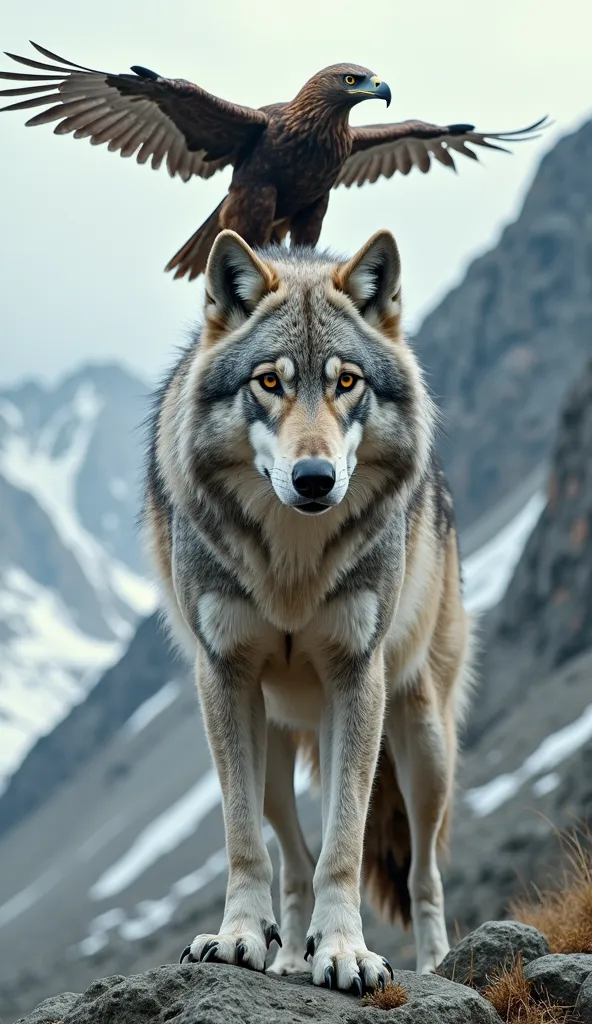 A striking scene unfolds with a gray wolf standing tall in the foreground, its powerful body facing straight ahead, piercing eyes locked forward with an intense, unyielding stare that radiates determination and wild strength. Its thick fur is a mix of silv...