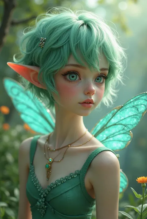 Fairy girl with short green hair, pointed ears, fair skin, pointed ears, and blue wings