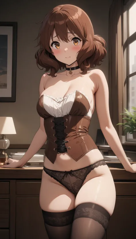 masterpiece, best quality, ultra detailed, highres,4k, 1girl, solo, oumaekumiko, brown hair, brown eyes, short hair, indoors, blush, strapless corset, thigh highs, choker, lace panties