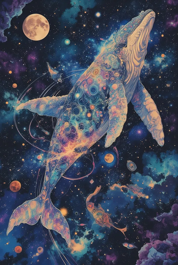 Illustration of a giant whale swimming in space, A background of galaxies and stars々、Draw a planet,Emphasise the impression that the whale is swimming in space,A background of colourful nebulae and meteor showers,A fantastical and enchanting space painting...