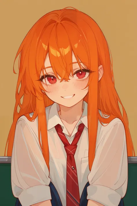 (best quality), best resolution, School, school class, 1girl, shy smile, fidgeting, orange hair, long hair, (messy hair:0.6), red eyes, detailed, 4k, 748cmstyle, artistic