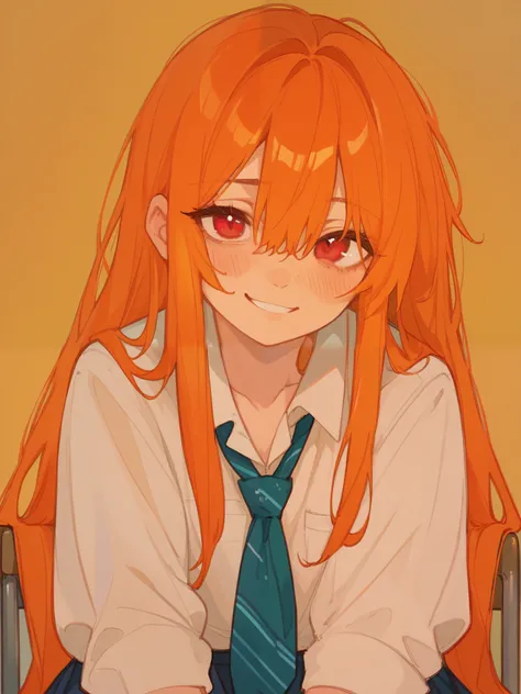 (best quality), best resolution, School, school class, 1girl, shy smile, fidgeting, orange hair, long hair, (messy hair:0.6), red eyes, detailed, 4k, 748cmstyle, artistic