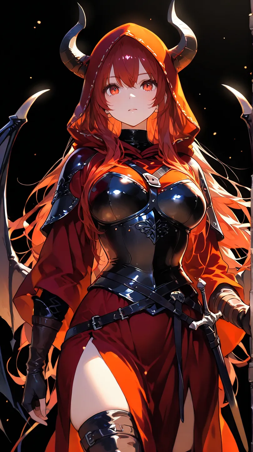 a Female demon with demon wings and horns and long red hair wearing a red robe with a hood over a medieval leather armor, black background, high detail, high quality, best quality, masterpiece, 8k