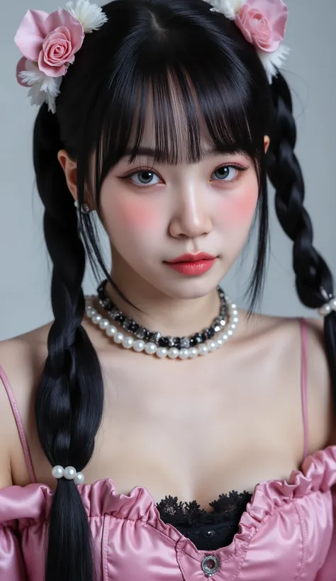 32k, Masterpiece, Top Quality, (Korea's Beautiful Women) Gothic lolita portrait, long black braided pigtails, flower hair accessories, pale skin, rosy cheeks, blue eyes, pearl earrings, choker necklace, layered necklaces, black lace gloves, off-shoulder pi...