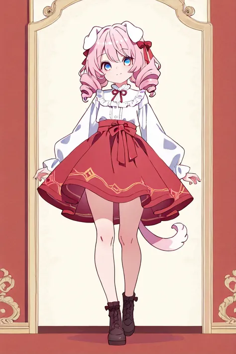  drill twin tail　droopy white ears dog ears 　Only one　 standing picture、Symmetrical　Droopy ears犬耳　  full body lesbian、​masterpiece、TOP QUALITY、length、Best Picture Quality、Pink Hair、 head ribbon、Ribbon clothing、frilld、Year、pi　Symmetrical　Droopy ears　white b...