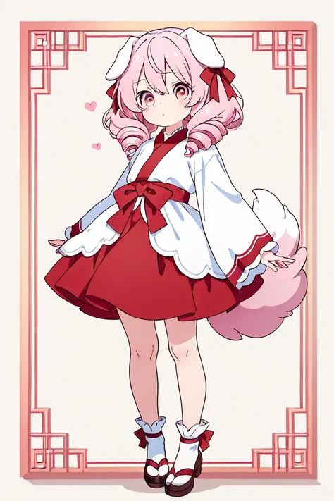  drill twin tail　droopy white ears dog ears 　Only one　 standing picture、Symmetrical　Droopy ears犬耳　  full body lesbian、​masterpiece、TOP QUALITY、length、Best Picture Quality、Pink Hair、 head ribbon、Ribbon clothing、frilld、Year、pi　Symmetrical　Droopy ears　white b...