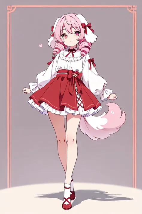  drill twin tail　droopy white ears dog ears 　Only one　 standing picture、Symmetrical　Droopy ears犬耳　  full body lesbian、​masterpiece、TOP QUALITY、length、Best Picture Quality、Pink Hair、 head ribbon、Ribbon clothing、frilld、Year、pi　Symmetrical　Droopy ears　white b...