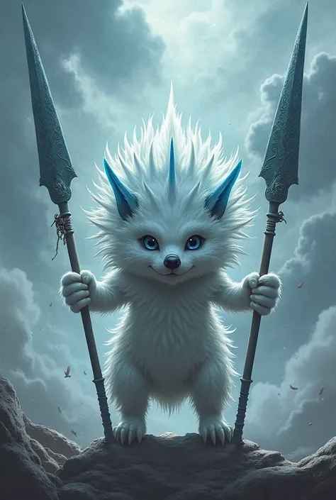 Create a male hedgehog,  White ,  , with the tips of the blue hair and with a spear in both hands 