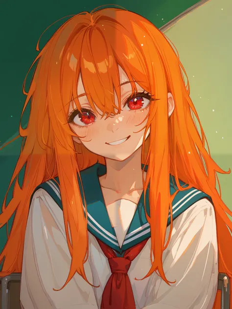 (best quality), (best resolution), School, school class, 1girl, shy smile, (fidgeting), orange hair, long hair, (messy hair:0.6), red eyes, beautiful eyes, detailed, 4k, 748cmstyle, artistic