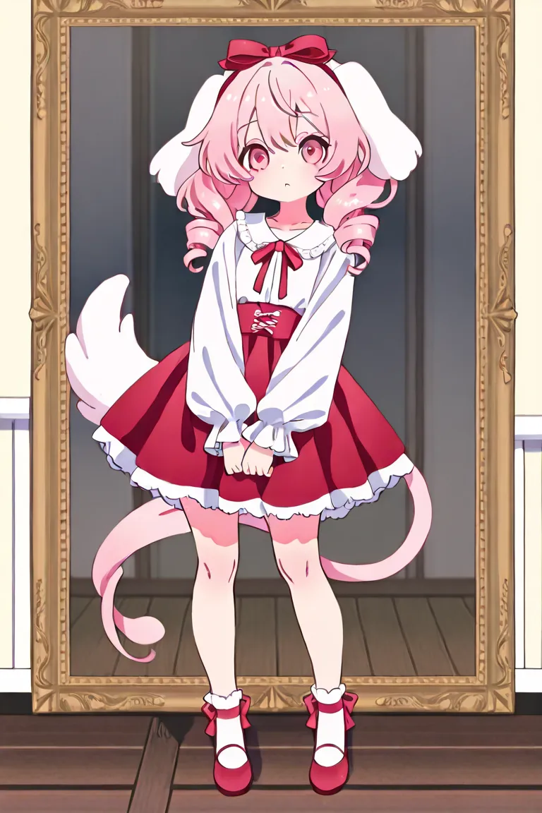  drill twin tail　droopy white ears dog ears 　Only one　 standing picture、Symmetrical　Droopy ears犬耳　  full body lesbian、​masterpiece、TOP QUALITY、length、Best Picture Quality、Pink Hair、 head ribbon、Ribbon clothing、frilld、Year、pi　Symmetrical　Droopy ears　white b...