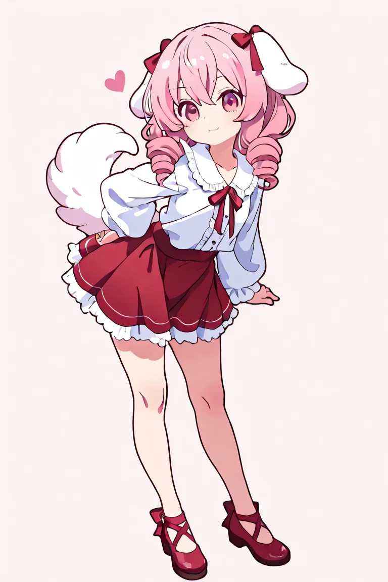  drill twin tail　droopy white ears dog ears 　Only one　 standing picture、Symmetrical　Droopy ears犬耳　  full body lesbian、​masterpiece、TOP QUALITY、length、Best Picture Quality、Pink Hair、 head ribbon、Ribbon clothing、frilld、Year、pi　Symmetrical　Droopy ears　white b...