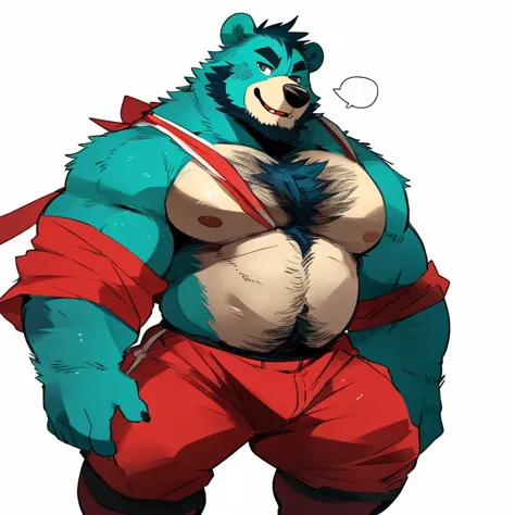 bear, furry, turquoise fur, handsome, very muscular, very big, extremely hot and sexy, beard, hair, chest hair, charming eyes, solo, male, happy expression, daddy, full body, big body, clothes, middle aged, by hyaku, by darkgem, by glitter trap boy